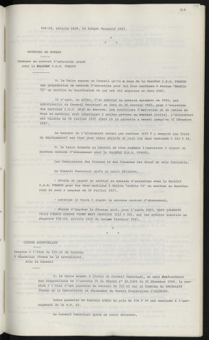 Matériel de bureau, avenant au contrat d'entretien passé avec la société I.B.M France. Centre Hospitalier, cession à l'État de 310m de terrain à Gandelain, ferme de la Havoudière, avis du conseil.