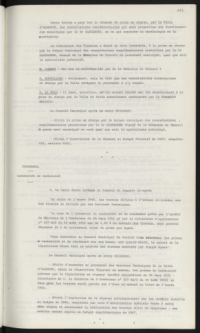 Personnel, prise en charge par la ville de consultations complémentaires par des spécialistes. Personnel, indemnités de technicité.