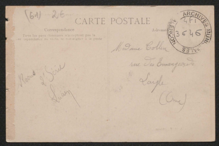 Alençon (Orne), Nouvel Hôtel des Postes, carte postale ancienne noir et blanc n°39, éditeur, A.M.F, (Date d'utilisation : 13 mai 1910), (14x9 cm), AMA.