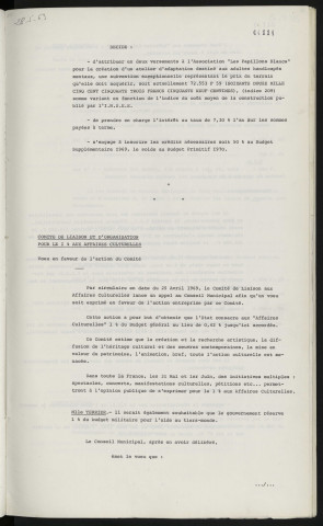 Finances, subvention exceptionnelle à l'association "Les Papillons Blancs" pour la construction d'un atelier d'adaptation pour adultes handicapés mentaux. Comité de Liaison et d'organisation pour le 1% aux affaires culturelles, vœu en faveur de l'action du comité.