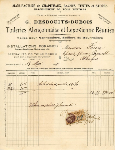 Facture de la manufacture de chapiteaux, bâches, tentes et stores G.Desdouits-Dubois (usine Faubourg de Courteille, Alençon), Toileries Alençonnaise et lexovienne réunies pour l'achat de toile à draps métis (15 mai 1928).