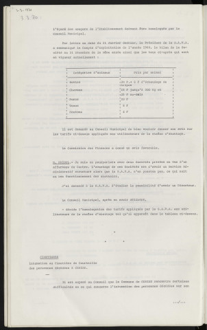 Centre d'abattage, homologation des tarifs de la S.A.V.A. Cimetières, inhumation au cimetière de Courteille des personnes décédées à Cerisé.