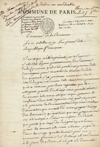 Pièce autographe signée par Claude Colombeau, « secrétaire greffier par intérim », Paris (21 octobre 1792).