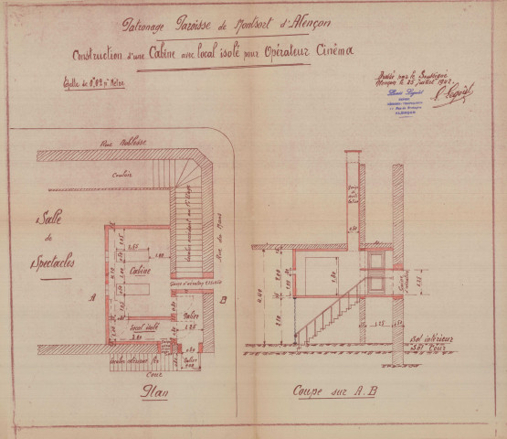 Patronage Paroisse de Montsort, construction d'une cabine avec local isolé pour opérateur cinéma : plan, coupe (Louis Legoût, ech : 0.02, 25 juillet 1942).