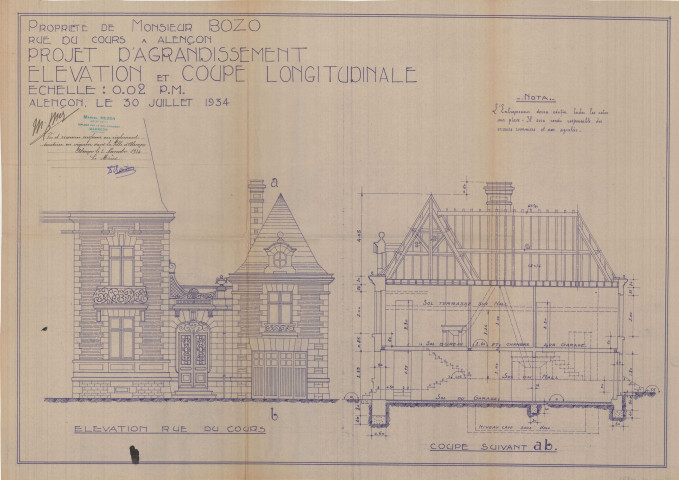 permis de construire n°29, Agrandissement d'une maison d'habitation Rue Cours Alençon, (date de décision : 1934), (auteur du projet, architecte : MEZEN Albert).
