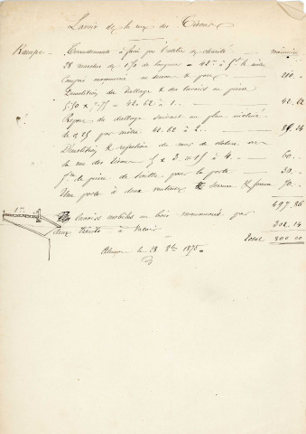 Lavoir rue des Tisons, construction, adjudication (1873-1874) : acte de soumission, règlement, cahier des charges, devis, traité, procès-verbal ; exécution : procès-verbal de réception, entretien et réparations (1875-1876) : correspondance ; gestion et réglementation (1879-1925) : pétitions.