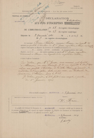 Déclaration de radiation n°28 d'une régratterie 51 rue Cazault tenue par la veuve JOUSSE suite à son décès (5 janvier 1921) (reprise du compte par FERON Charles).