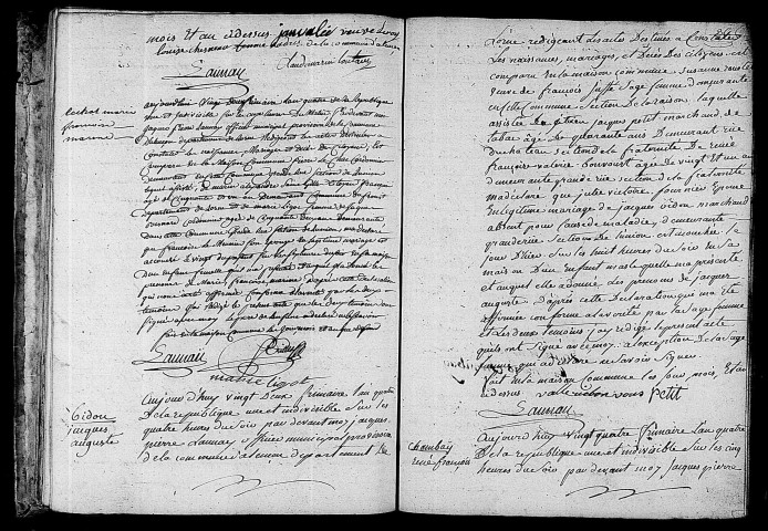 Acte de naissance de TOUTAIN Marie Alexandrine Valérie (12 décembre 1795),acte de naissance de LECHAT Marie Françoise Marine (12 décembre 1795),acte de naissance de BIDOU Jacques Auguste (13 décembre 1795),acte de naissance de CHAMBAY René François (16 décembre 1795).