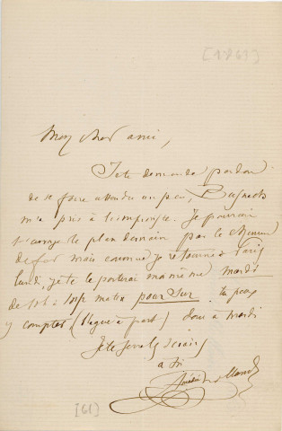 Lettre autographe signée de l'écrivain Amédée de Rolland à l'acteur Adolphe Laferrière [1863] .
