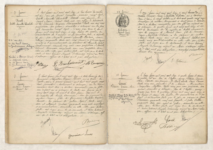 Acte de naissance de NICOL Edith Marcelle Elisabeth (07 février 1916), Reconnaissance de LANOS Andrée Louise (08 février 1916), Reconnaissance de CIBOIRE Marcel Louis (11 février 1916), Acte de naissance de LANOË Thérèse Denise Alice (13 février 1916).