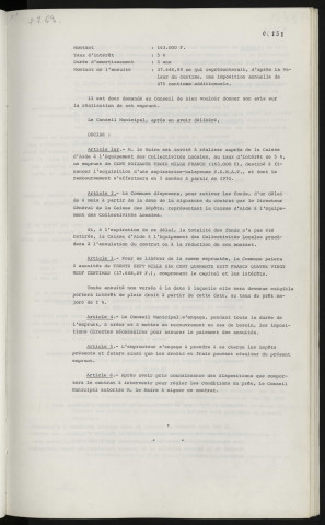 Finances, emprunt de 163 000 F pour acquisition d'une balayeuse aspiratrice S.E.M.A.T.