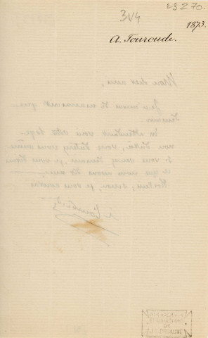 Lettre autographe signée de l'écrivain Alfred Edouard Touroude à l'acteur Adolphe Laferrière [1873].