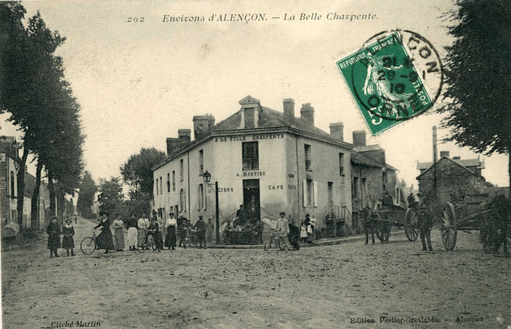 Environs d'Alençon (Orne), (Saint-Germain-du-Corbéïs), La Belle Charpente, carte postale ancienne noir et blanc n°202, cliché Martin, Peslier-Greslebin édition, Alençon, (Date d'utilisation : 29 septembre 1910), (14x9), AMA.