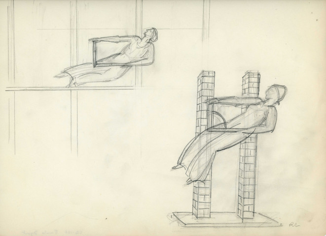 « La connaissance», 2 esquisses tenant des équerres, au trait (graphite sur papier) (René Letourneur, monogrammé en bas à droite RL) (31cm x 23cm)