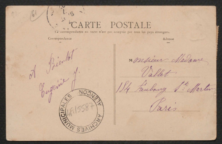 Damigny (Orne), La mairie, carte postale ancienne noir et blanc, Parisel-Rivière, édit, épicerie-tabacs. Damigny, phototypie A. Breger frère, Paris, (date d'utilisation : 07 septembre 1907), acquisition 2021, AMA.