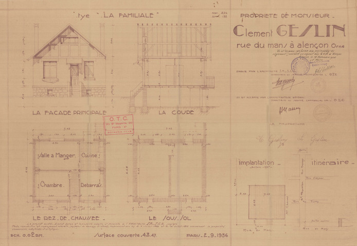 permis de construire n°38, Construction d'une maison d'habitation Rue du Mans Alençon, (date de décision : 1936), (auteur du projet, architecte : LAGRUE).