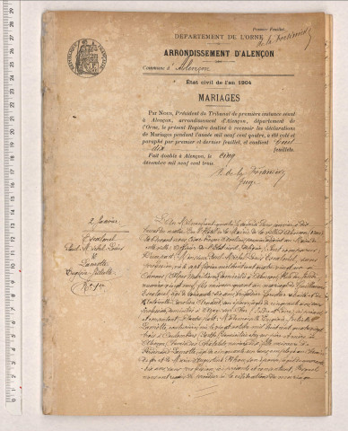 Registre des actes de mariage (1904).