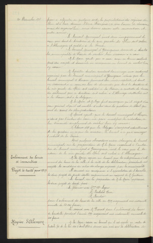 Vœu émis par le conseil municipal d'Yssingeaux, la France et la guerre, demande d'adhésion. Enlèvement des boues et immondices, projet de traité pour 1919 entreprise Mme veuve LEGROS, Mr BERTHELOT Henri, Mr BOUDIER et Mr PROVOST accepte les conditions du cahier des charges. Hospice d'Alençon, budget de 1918, vote de crédit supplémentaires, avis du conseil