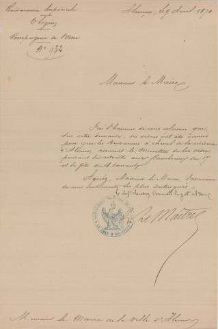 L'entrée d'Henri IV à Alençon en 1589 (17-18 avril 1870), fêtes de bienfaisance, organisation : correspondance, récépissé , contrat d'assurance, avenant, mémoires, devis, itinéraire, souscriptions,liste des personnages, état des costumes et accessoires.