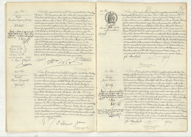 Acte de naissance de VIEL Emilienne Eugénie Juliette (19 septembre 1906), acte de naissance de VIVET Renée Georgette (21 septembre 1906), acte de naissance de TRIGOLET Louise Odette Paula enfant posthume (21 septembre 1906), acte de naissance de VOISIN Jeanne Marie (23 septembre 1906).