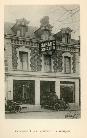 Maison A et P Moutreuil, concessionnaire automobile, garage cycles-autos, 70 rue des Tisons, phototypie noir et blanc (Henri Desforges) [1902].