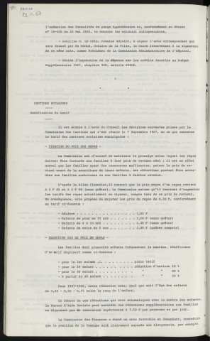 Acquisition d'une parcelle de terrain appartenant au Centre Hospitalier. Cantines scolaire, modification du tarif.
