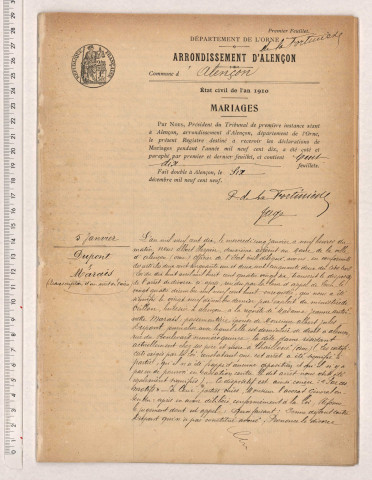 Acte de mariage de SOREAU Raoul Auguste Charles et FABRE Fernante Albertine (05 novembre 1910), Acte de mariage de CUSSE Charles Firmin Emile et CHASSERIAUD Germaine Renée (07 novembre 1910).