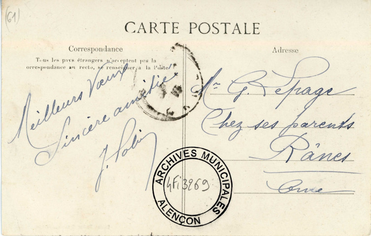 Alençon (Orne), bons souhaits, carte postale ancienne noir et blanc, Peslier-Greslebin édition, Alençon, (Date d'utilisation : 30 decembre 1919) (14x9), AMA.