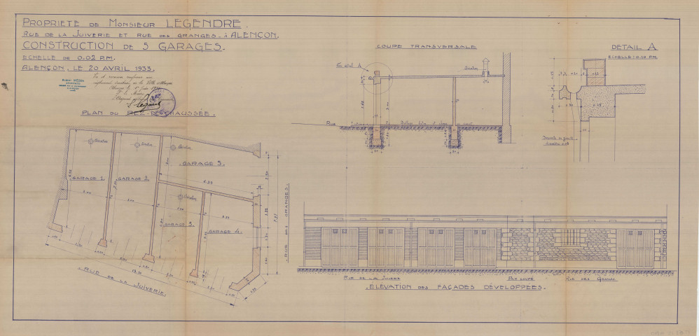 permis de construire n°11, Construction de 5 garages Rue de la Juiverie, rue des Granges Alençon, (date de décision : 1933), (auteur du projet, architecte : MEZEN Albert).