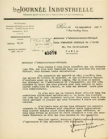 Adduction complémentaire d'eau potable pour la ville d'Alençon, enquête auprès d'autres villes concernant l'utilisation de l'ozone(24 septembre 1925-30 septembre 1932) : correspondance, rapport, publication.