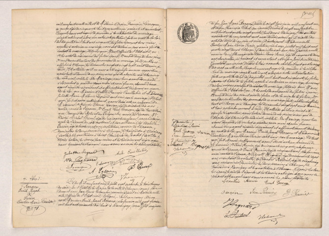 Acte de mariage de COUILLABIN Achille François et LEGRAND Juliette Marie Mélanie (5 septembre 1905), acte de mariage de PERRAUX ÉMILE Joseph et SURIN Léontine Marie Louise (7 septembre 1905).
