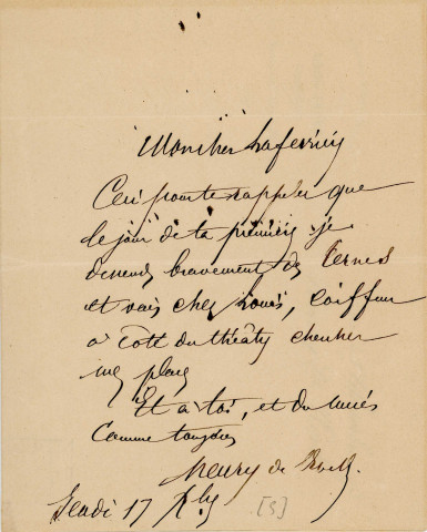 Lettre autographe signée de l'écrivain Henry de Kock à l'acteur Adolphe Delaferrière (17 décembre 1863).