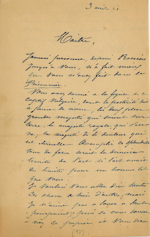 Lettre autographe signée de l'écrivain Jules Noriac à l'acteur Adolphe Laferrière (1861).