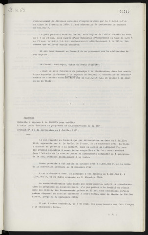 Représentation, du Conseil Municipal, conseil d'administration de l'Harmonie Municipale, élection d'un représentant en remplacement de Mr POISSON décédé. Finances, garantie d'emprunt à la S.E.M.I.A.V.A. pour crédits à court terme destinés au programme de location-vente de la Z.U.P., avenant n°3 à la convention du 8 Juillet 1963.