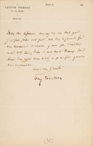 Lettre autographe signée de l'écrivain Tony Révillon à l'acteur Adolphe Laferrière (sd) .