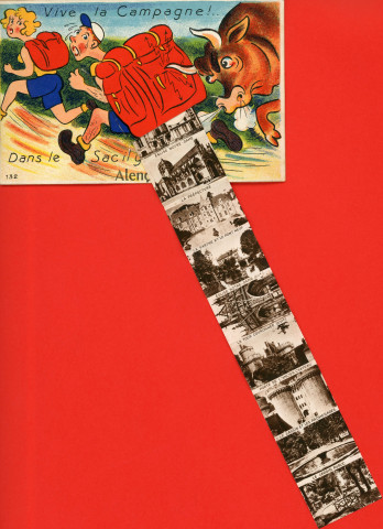 Alençon (Orne), "Vive la campagne! Dans le sac il y a Alençon ! ", carte postale humoristique à système n°132, Artaud père et fils, éditeur, Nantes, éditions Gaby,(Date d'utilisation : 02 septembre 1955), (14x9),AMA.