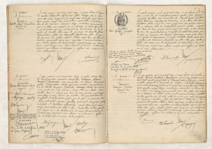 Reconnaissance de LESAGE Louisette Marie Clémentine (05 janvier 1916), Acte de naissance de LOUVEAU Etienne Henri Eugène Albert (02 janvier 1916), Acte de naissance de GALLET René Georges Auguste (04 janvier 1916), Reconnaissance de FOURNIER Simone Andrée (06 janvier 1916).
