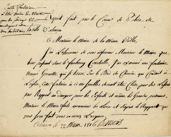 Aménagement d'un barrage à proximité de la fontaine Grénette et de l'abreuvoir pour les bestiaux dans le quartier de Courteille, projet de construction : rapport (1816)