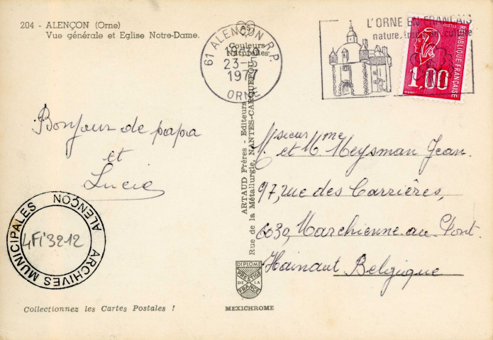 Alençon (Orne), vue générale et église Notre-Dame, carte postale ancienne noir et blanc n°204, Artaud frères, éditeur, Nantes-Carquefou, (Date d'utilisation : 23 mai 1977), (15x10,5), AMA, 2 exemplaires.