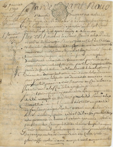 Contrat de vente entre le Sieur Claude Allix et Jean Desroches, d'une partie de la maison sise 45-47 rue Cazault (5 janvier 1790).