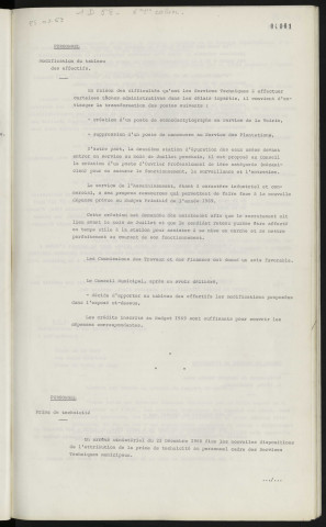 Personnel, modification du tableau des effectifs. Personnel, prime de technicité.