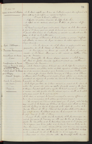 Assistance aux familles nombreuses, loi du 14 juillet 1913 : Fixation du taux de l'allocation. Lycée d'Alençon, boursiers communaux, Renouvellement de Bourse d'essai : Transformation de Bourse d'essai en Bourse de mérite. Chemin de Fer d'intérêt local de Carrouges à Alençon, avant-projet, demande de modification du tracé : Rapport