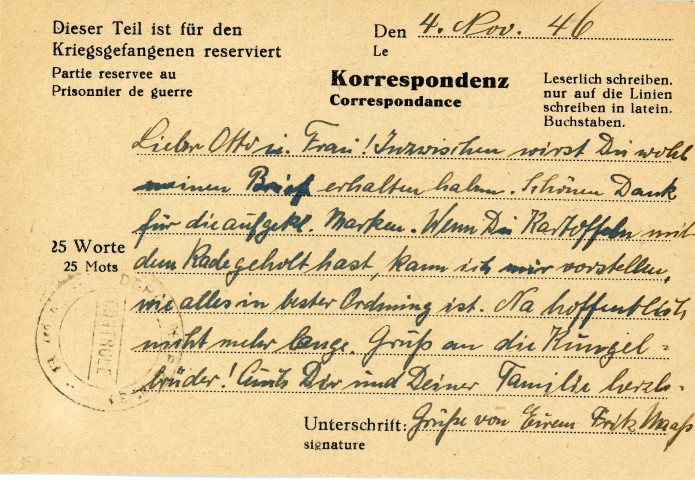 Seconde Guerre mondiale, prisonniers de Guerre Allemands, camp de Damigny : correspondance de Fritz MAAS (4 novembre 1946) : correspondance.