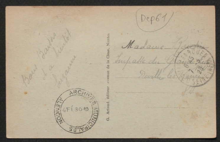 Alençon (Orne), Place d'Armes, Palais de justice, carte postale ancienne noir et blanc n°99, G. Artaud éditeur, Nantes, (Date d'utilisation : 07 mars 1925), (14x9), AMA.