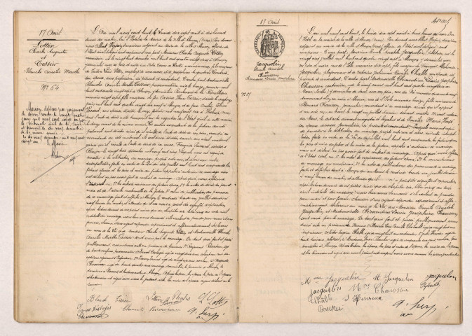 Acte de mariage de LOTTIN Charles Auguste et TESSIER Blanche Aurélie Marthe (17 Août 1908), JACQUELIN Emile Anatole et CHAUSSON Clémentine Louise Joséphine (17 Août 1908).