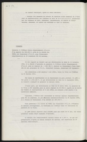 Résidence les Quatre Saisons, syndicat intercommunal de l'Orne pour la représentation des communes au sein de la S.E.M.I.N.O.R., retrait de diverses communes. Finances, garantie à l'office public départemental d'H.L.M. d'un emprunt de 109 810 F auprès de la caisse des prêts aux organismes d'H.L.M. pour financement complémentaire de 48 logements P.S.R. boulevard Duchamp.