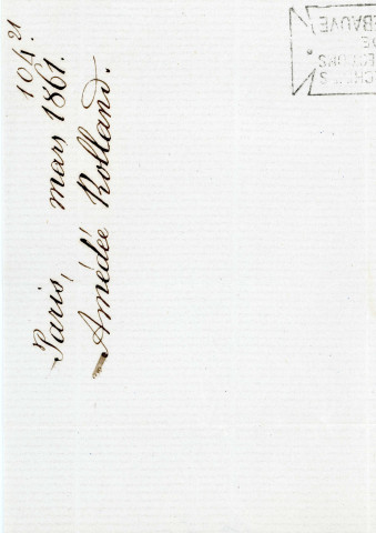 Lettre autographe signée de l'écrivain Amédée de Rolland à l'acteur Adolphe Laferrière [mars 1861] .