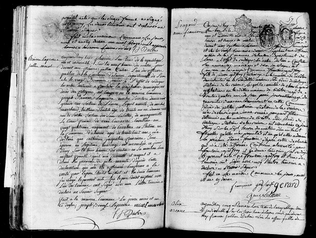 Acte de naissance de LERICHE Louis Marie enfant naturel (21 janvier 1795),acte de naissance de BOISSE LAPRAIRIE Julie Marat (22 janvier 1795),acte de naissance de POUPARD Anne Françoise (23 janvier 1795),acte de naissance de ALIX Arsène enfant naturel (24 janvier 1795).