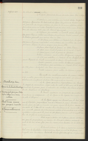 Budget de 1919, vote de crédits supplémentaires . Distribution d'eau, réservoir du boulevard de Strasbourg, convention avec le génie pour l'extension d'un dallage sur un terrain militaire . Bail d'une remise pour pompe à incendie avec Mr LORPHELIN propriétaire n°3 rue de l'Ecusson, renouvellement