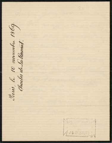 Lettre autographe signée de l'écrivain Charles de la Rounat à l'acteur Adolphe Laferrière (10 novembre 1869).
